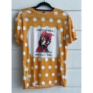 Chicken Humor t-shirt yellow and white polka dot  Medium